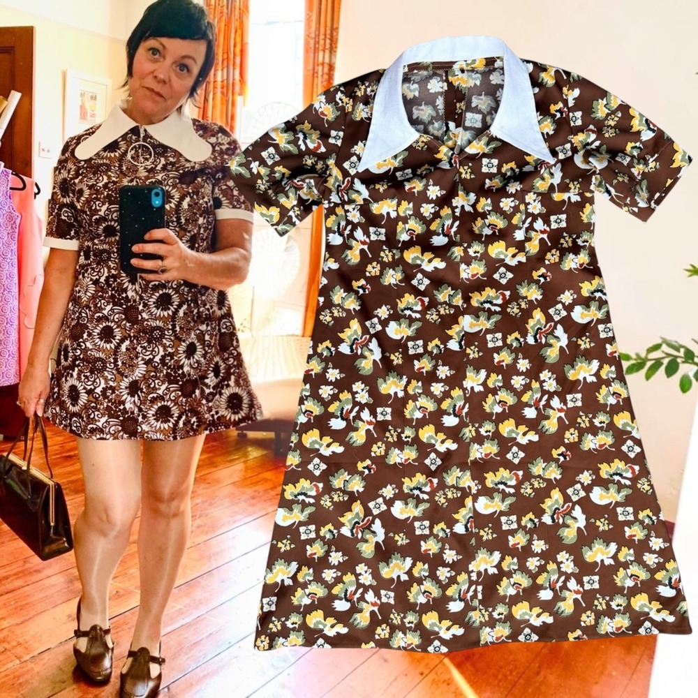 Vintage Handmade 70s Shift Dress Floral Contrast Collar Brown Yellow Small